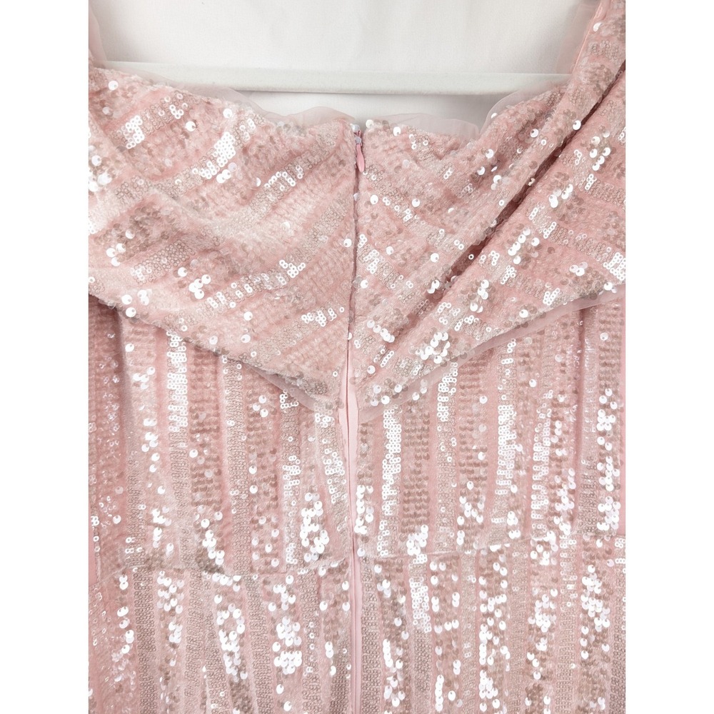 Sequin Coquette Off Shoulder Bow Midi Dress Size L Pink Romantic Cocktail Event - Picture 10 of 11